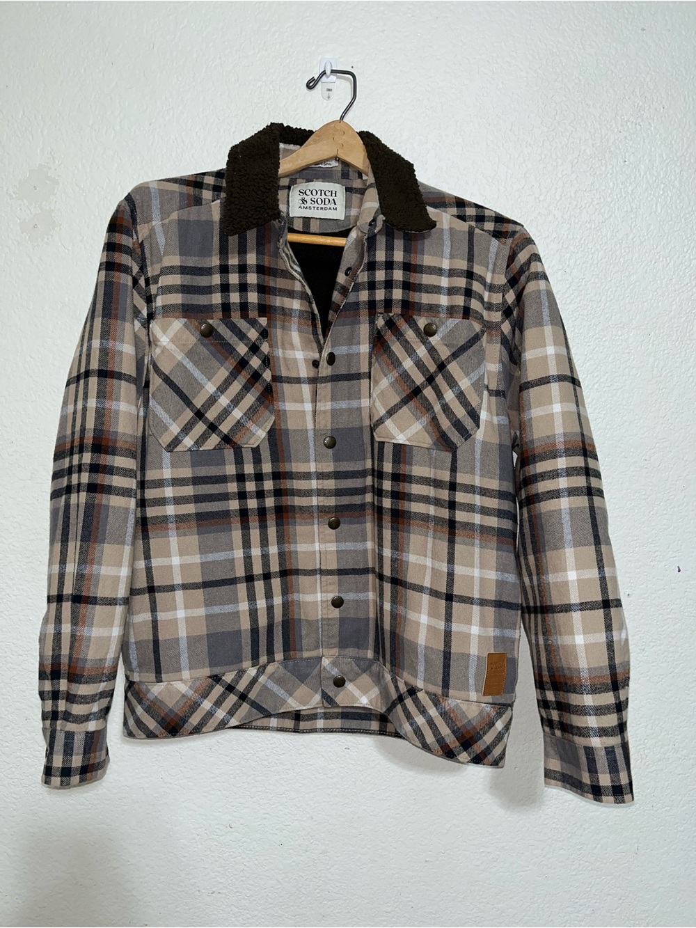 Scotch & Soda Beige, Gray & Brown Plaid Sherpa-Collar Shirt Jacket